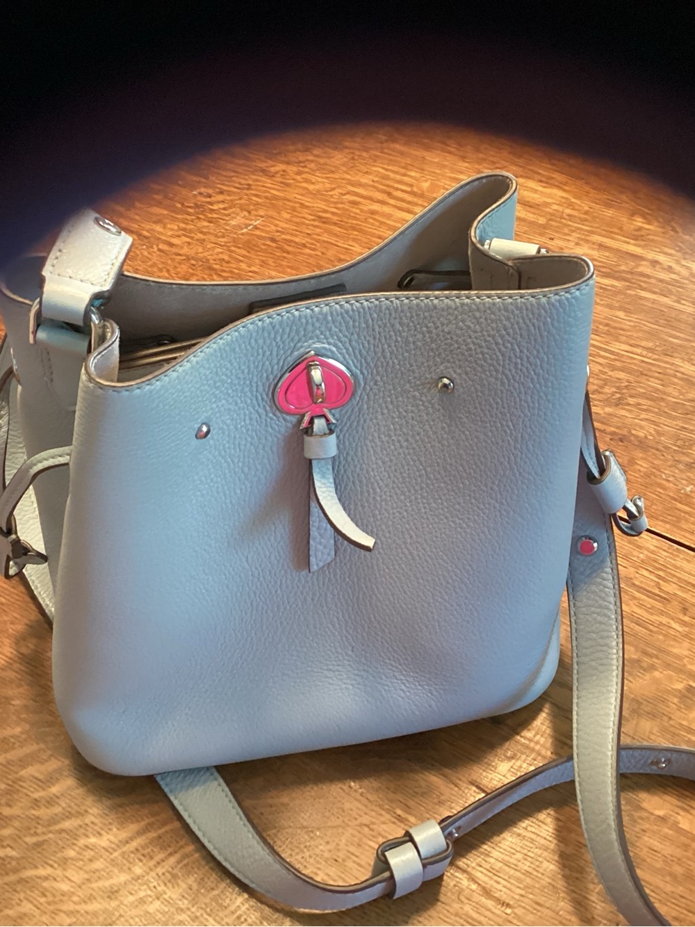 kate spade Powder Blue Pebbled Leather bag with Silver clasp.